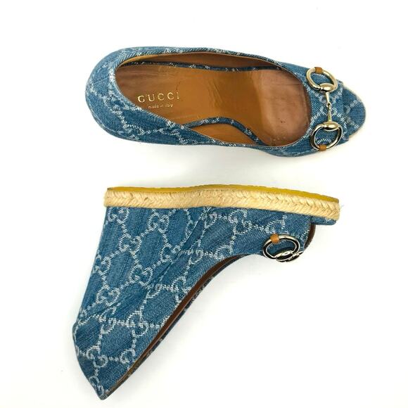 GUCCI CLASSIC BLUE DENIM MONOGRAM HORSEBIT ESPADRILLE WEDGES 37 - Picture 9 of 15